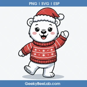 Cute Christmas Bear Clipart Waving in Red Sweater and Santa Hat